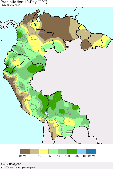 Northern South America Precipitation 10-Day (CPC) Thematic Map For 2/21/2020 - 2/29/2020