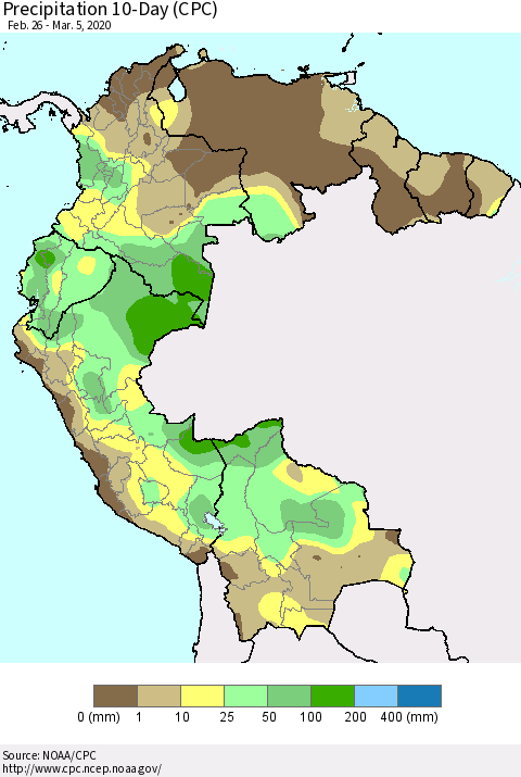Northern South America Precipitation 10-Day (CPC) Thematic Map For 2/26/2020 - 3/5/2020