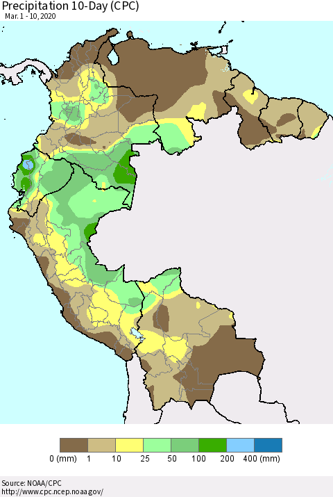 Northern South America Precipitation 10-Day (CPC) Thematic Map For 3/1/2020 - 3/10/2020