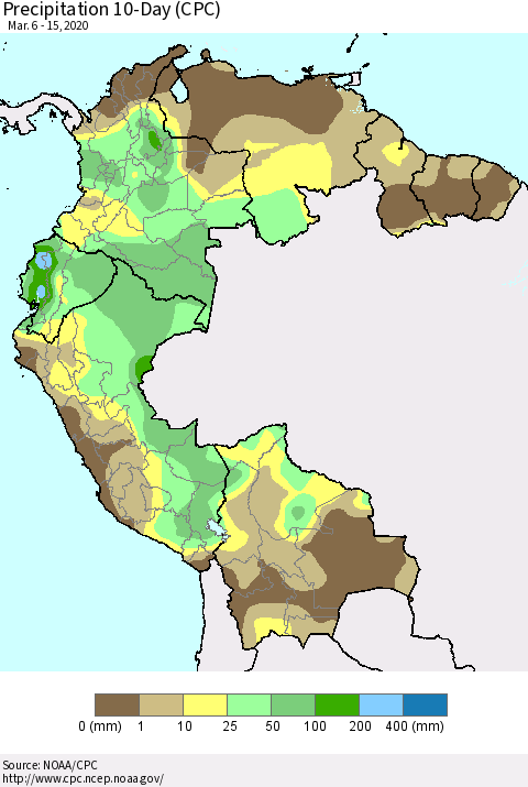 Northern South America Precipitation 10-Day (CPC) Thematic Map For 3/6/2020 - 3/15/2020
