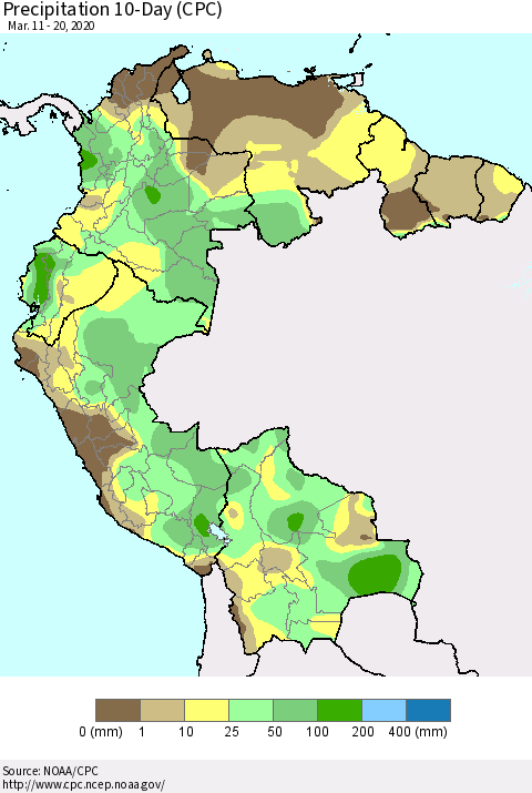 Northern South America Precipitation 10-Day (CPC) Thematic Map For 3/11/2020 - 3/20/2020