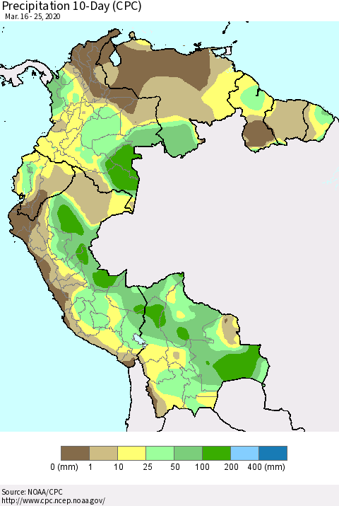Northern South America Precipitation 10-Day (CPC) Thematic Map For 3/16/2020 - 3/25/2020