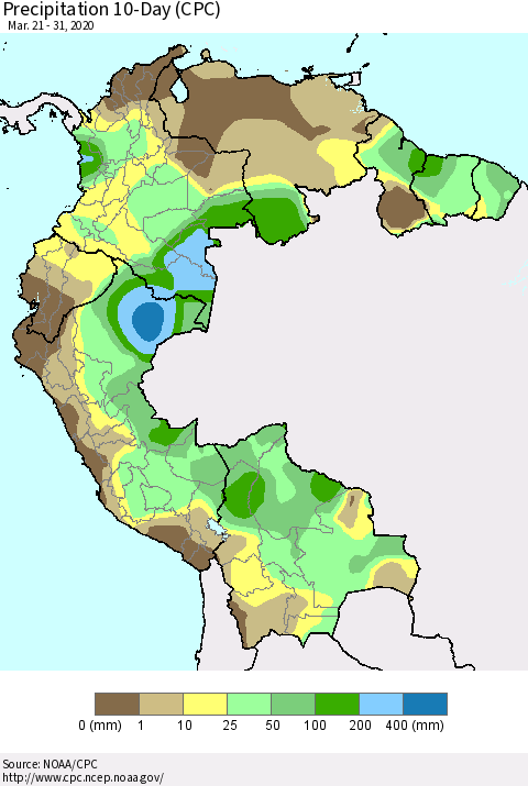 Northern South America Precipitation 10-Day (CPC) Thematic Map For 3/21/2020 - 3/31/2020