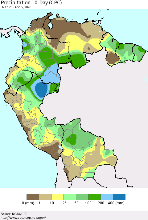 Northern South America Precipitation 10-Day (CPC) Thematic Map For 3/26/2020 - 4/5/2020
