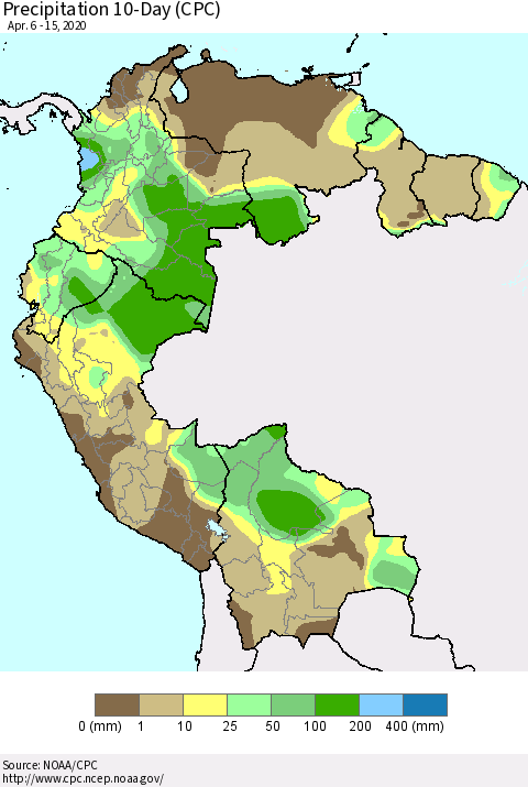 Northern South America Precipitation 10-Day (CPC) Thematic Map For 4/6/2020 - 4/15/2020