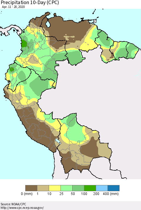 Northern South America Precipitation 10-Day (CPC) Thematic Map For 4/11/2020 - 4/20/2020