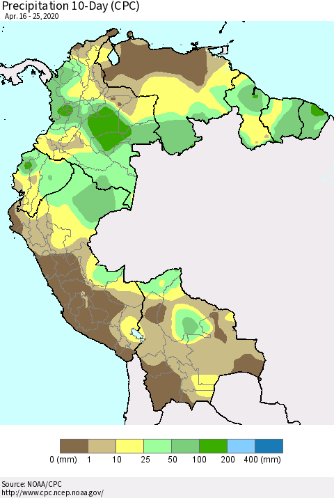 Northern South America Precipitation 10-Day (CPC) Thematic Map For 4/16/2020 - 4/25/2020