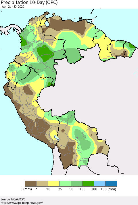 Northern South America Precipitation 10-Day (CPC) Thematic Map For 4/21/2020 - 4/30/2020