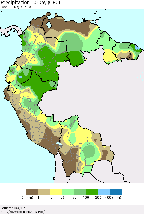 Northern South America Precipitation 10-Day (CPC) Thematic Map For 4/26/2020 - 5/5/2020