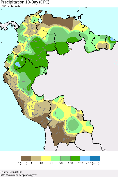 Northern South America Precipitation 10-Day (CPC) Thematic Map For 5/1/2020 - 5/10/2020