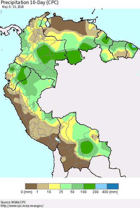 Northern South America Precipitation 10-Day (CPC) Thematic Map For 5/6/2020 - 5/15/2020