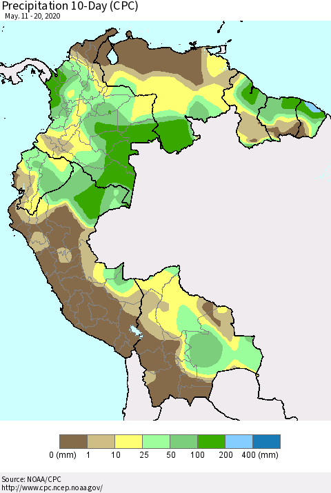 Northern South America Precipitation 10-Day (CPC) Thematic Map For 5/11/2020 - 5/20/2020