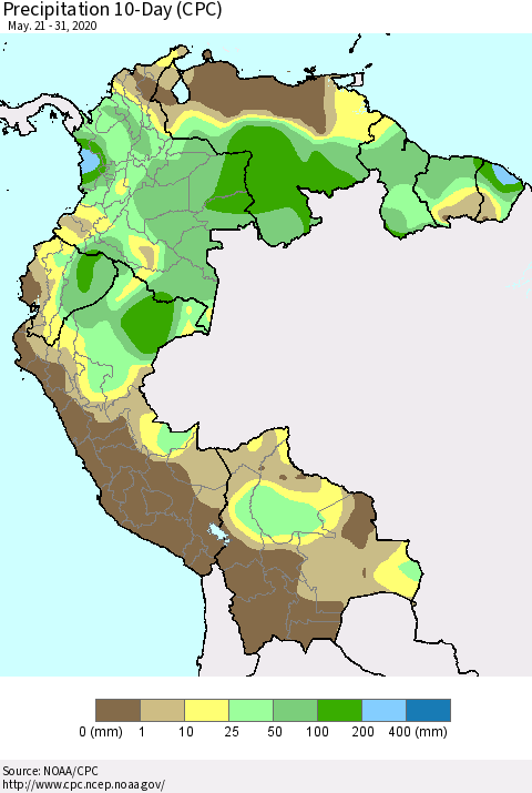 Northern South America Precipitation 10-Day (CPC) Thematic Map For 5/21/2020 - 5/31/2020