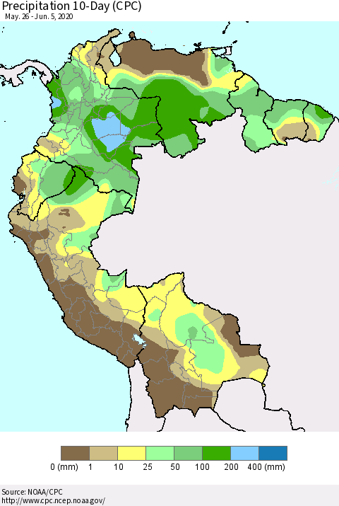 Northern South America Precipitation 10-Day (CPC) Thematic Map For 5/26/2020 - 6/5/2020