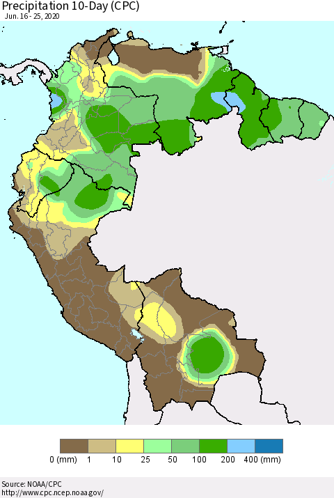 Northern South America Precipitation 10-Day (CPC) Thematic Map For 6/16/2020 - 6/25/2020