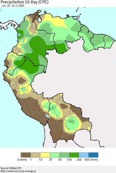 Northern South America Precipitation 10-Day (CPC) Thematic Map For 6/26/2020 - 7/5/2020