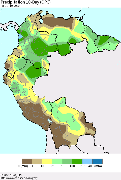 Northern South America Precipitation 10-Day (CPC) Thematic Map For 7/1/2020 - 7/10/2020