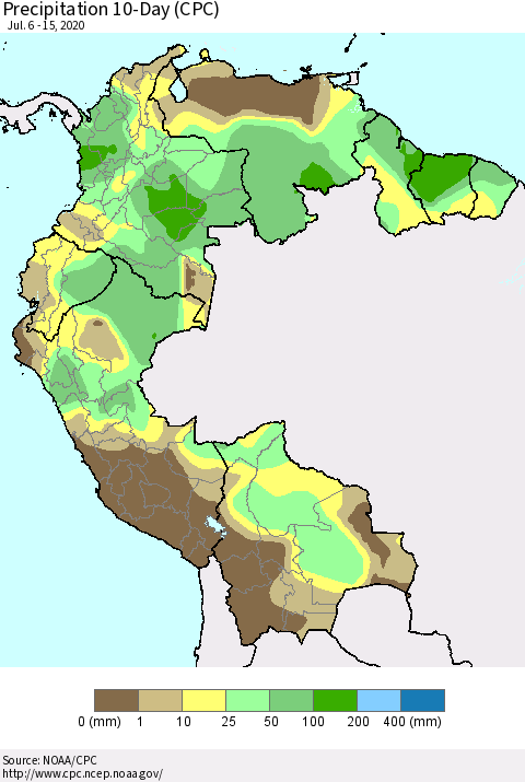 Northern South America Precipitation 10-Day (CPC) Thematic Map For 7/6/2020 - 7/15/2020