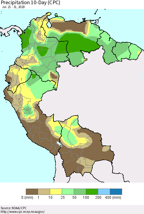 Northern South America Precipitation 10-Day (CPC) Thematic Map For 7/21/2020 - 7/31/2020