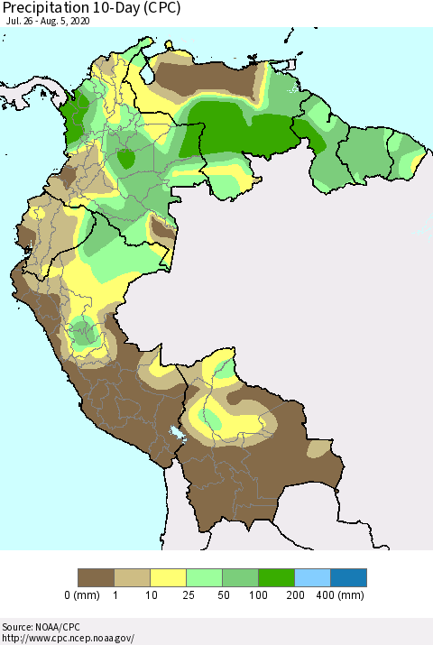 Northern South America Precipitation 10-Day (CPC) Thematic Map For 7/26/2020 - 8/5/2020