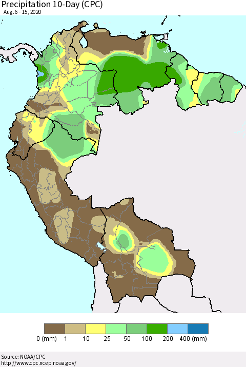Northern South America Precipitation 10-Day (CPC) Thematic Map For 8/6/2020 - 8/15/2020