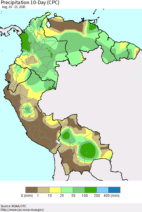 Northern South America Precipitation 10-Day (CPC) Thematic Map For 8/16/2020 - 8/25/2020