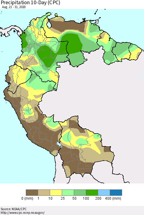 Northern South America Precipitation 10-Day (CPC) Thematic Map For 8/21/2020 - 8/31/2020