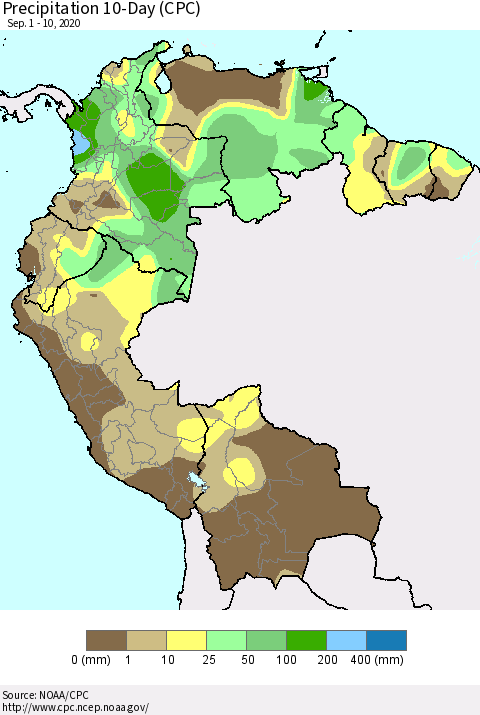 Northern South America Precipitation 10-Day (CPC) Thematic Map For 9/1/2020 - 9/10/2020