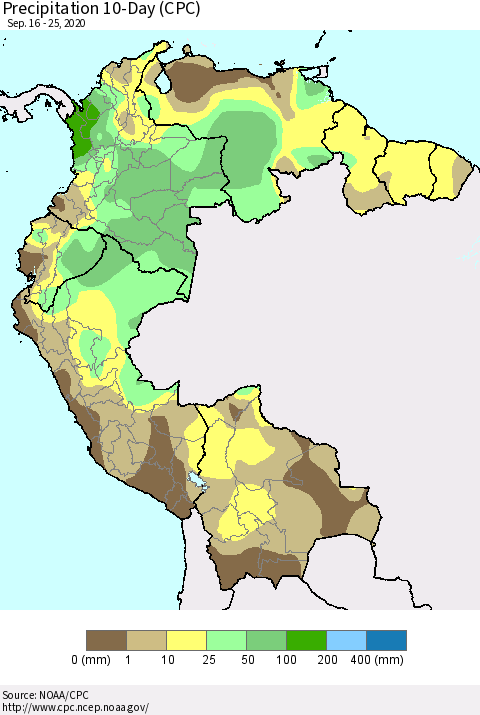 Northern South America Precipitation 10-Day (CPC) Thematic Map For 9/16/2020 - 9/25/2020