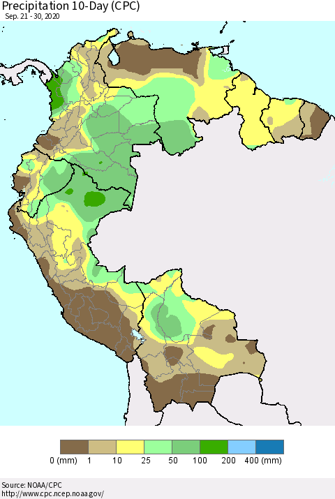 Northern South America Precipitation 10-Day (CPC) Thematic Map For 9/21/2020 - 9/30/2020