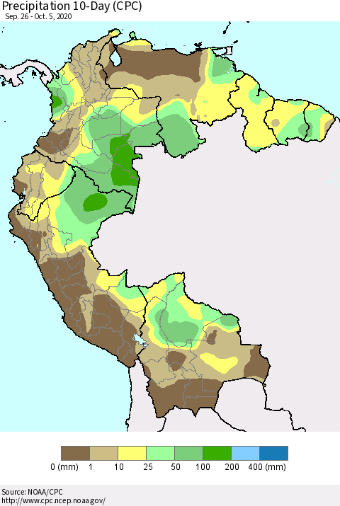 Northern South America Precipitation 10-Day (CPC) Thematic Map For 9/26/2020 - 10/5/2020