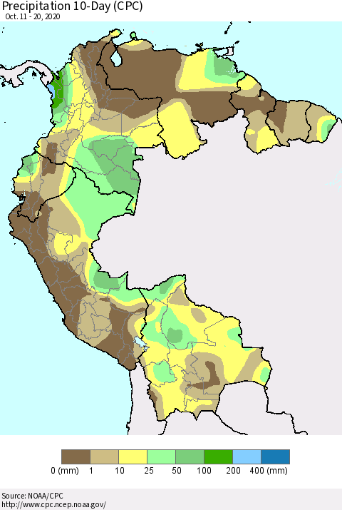 Northern South America Precipitation 10-Day (CPC) Thematic Map For 10/11/2020 - 10/20/2020