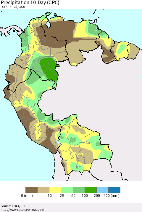 Northern South America Precipitation 10-Day (CPC) Thematic Map For 10/16/2020 - 10/25/2020