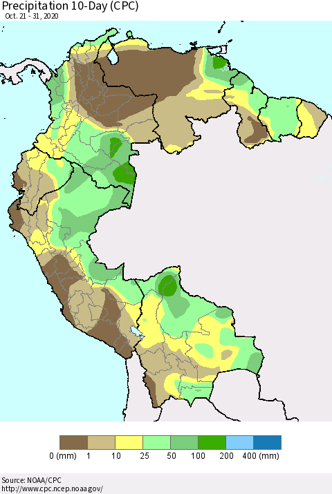 Northern South America Precipitation 10-Day (CPC) Thematic Map For 10/21/2020 - 10/31/2020