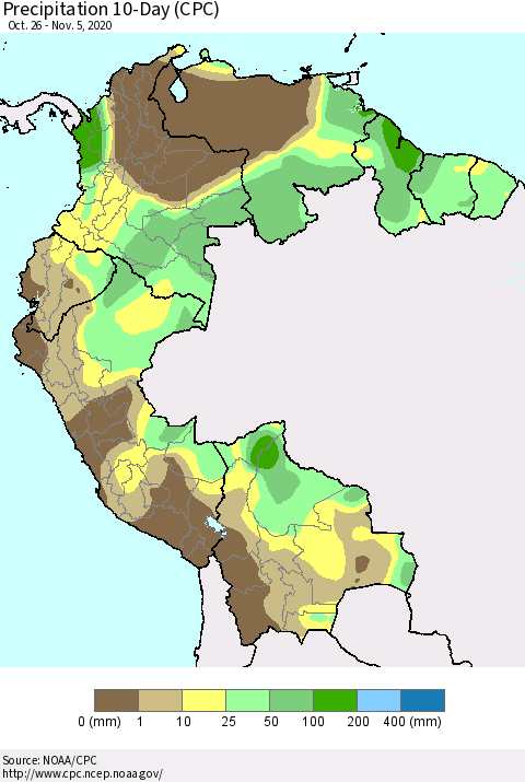 Northern South America Precipitation 10-Day (CPC) Thematic Map For 10/26/2020 - 11/5/2020