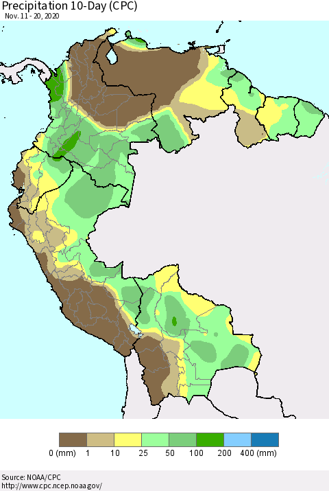 Northern South America Precipitation 10-Day (CPC) Thematic Map For 11/11/2020 - 11/20/2020