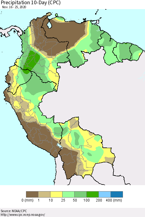Northern South America Precipitation 10-Day (CPC) Thematic Map For 11/16/2020 - 11/25/2020