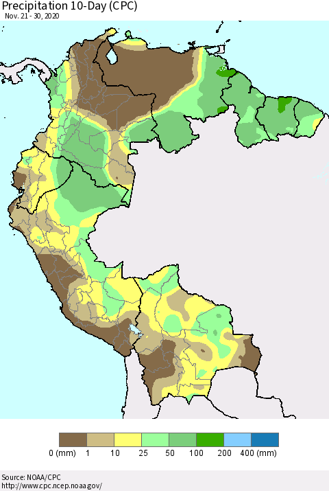 Northern South America Precipitation 10-Day (CPC) Thematic Map For 11/21/2020 - 11/30/2020