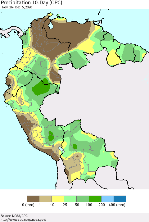 Northern South America Precipitation 10-Day (CPC) Thematic Map For 11/26/2020 - 12/5/2020