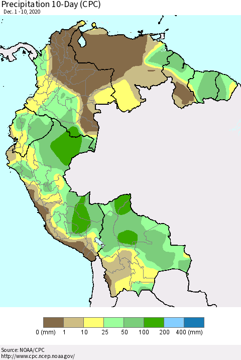 Northern South America Precipitation 10-Day (CPC) Thematic Map For 12/1/2020 - 12/10/2020