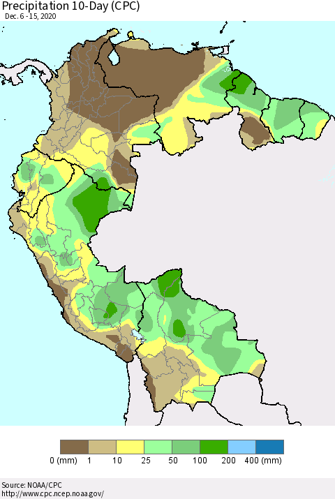 Northern South America Precipitation 10-Day (CPC) Thematic Map For 12/6/2020 - 12/15/2020