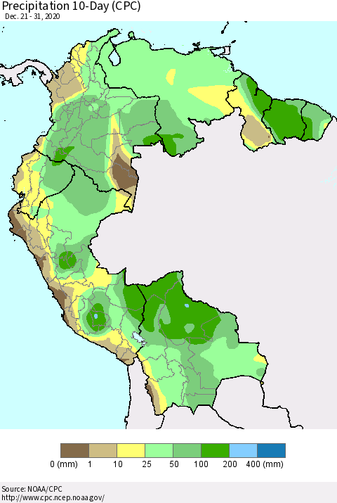 Northern South America Precipitation 10-Day (CPC) Thematic Map For 12/21/2020 - 12/31/2020