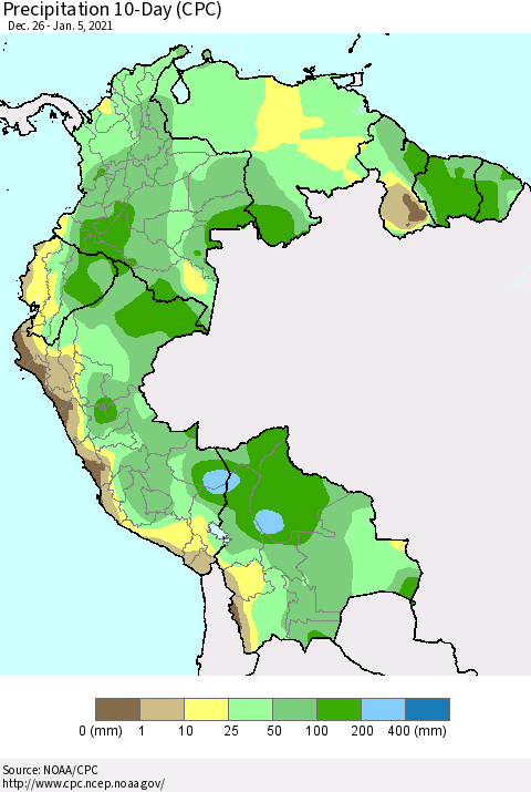 Northern South America Precipitation 10-Day (CPC) Thematic Map For 12/26/2020 - 1/5/2021