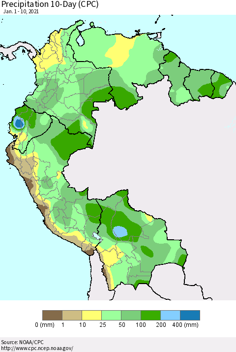 Northern South America Precipitation 10-Day (CPC) Thematic Map For 1/1/2021 - 1/10/2021