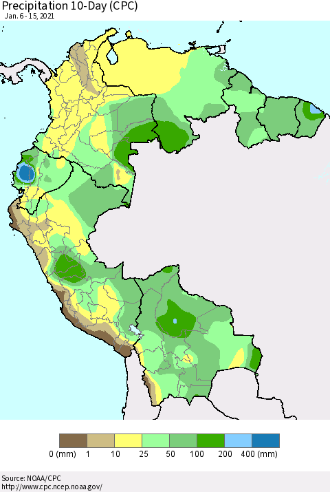 Northern South America Precipitation 10-Day (CPC) Thematic Map For 1/6/2021 - 1/15/2021