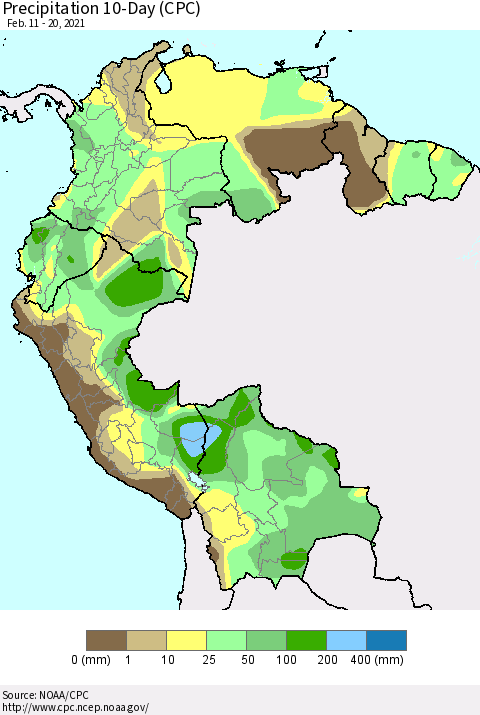 Northern South America Precipitation 10-Day (CPC) Thematic Map For 2/11/2021 - 2/20/2021