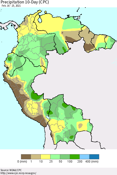 Northern South America Precipitation 10-Day (CPC) Thematic Map For 2/16/2021 - 2/25/2021