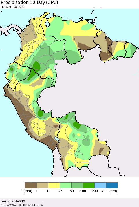 Northern South America Precipitation 10-Day (CPC) Thematic Map For 2/21/2021 - 2/28/2021