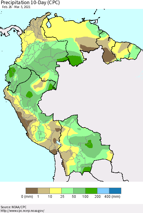 Northern South America Precipitation 10-Day (CPC) Thematic Map For 2/26/2021 - 3/5/2021