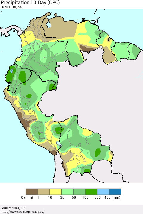 Northern South America Precipitation 10-Day (CPC) Thematic Map For 3/1/2021 - 3/10/2021